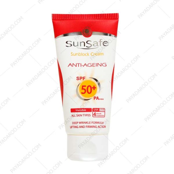 کرم ضد آفتاب و ضد چروک بی رنگ سان سیف SPF50 - Sunsafe Anti Agening Sunscreen Cream Invisible SPF50