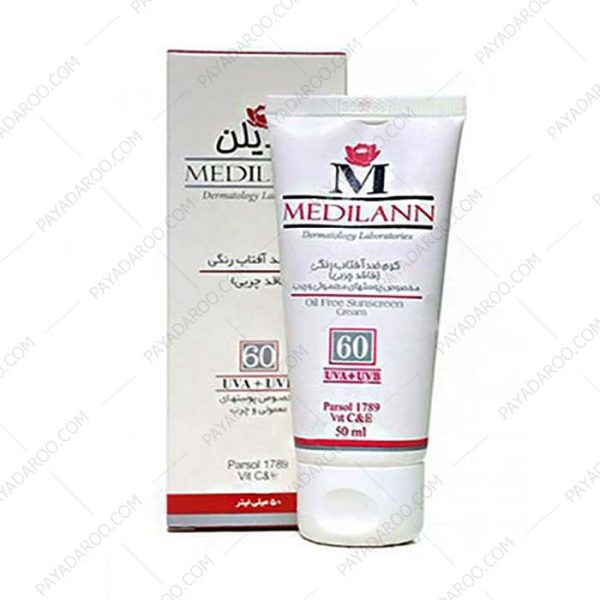 کرم ضد آفتاب رنگی SPF60 مدیلن فاقد چربی - Medilann Sunscreen SPF60 Tinted Cream For Oily And Acne Skins 50 ml