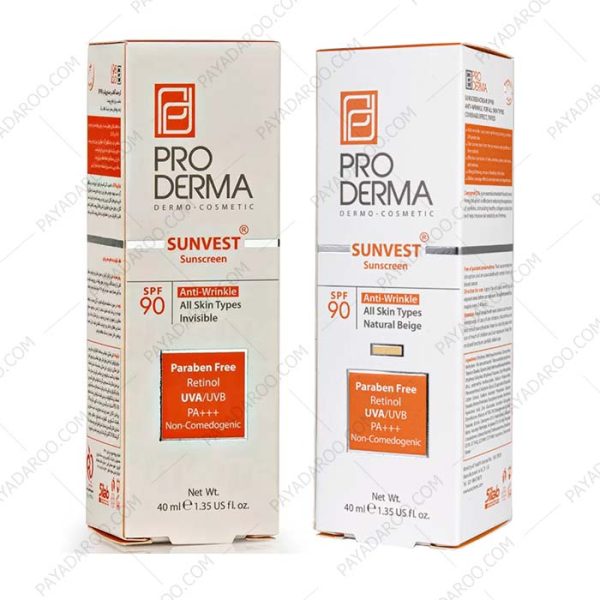 کرم ضد آفتاب و ضد چروک پرودرما SPF90 مدل sunvest (بی رنگ و رنگی) - ProDerma Sunvest Sunscreen SPF90 All Skin 40 ml