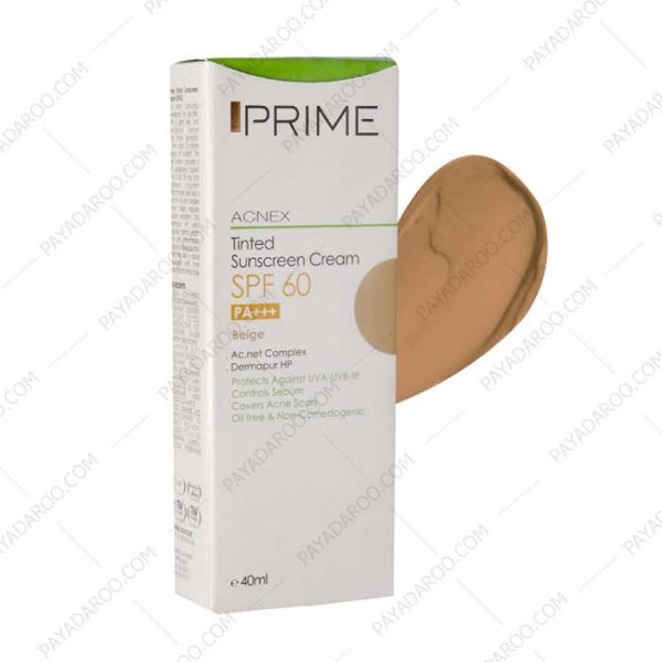 کرم ضد آفتاب فاقد چربی پریم SPF60 مناسب پوست های چرب و دارای جوش رنگ بژ - Prime Acnex Sunscreen Cream SPF60 Beige 40 ml