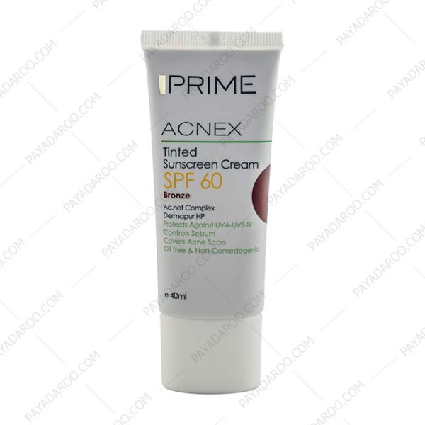 کرم ضد آفتاب فاقد چربی پریم SPF60 مناسب پوست های چرب و دارای جوش رنگ برنز - Prime Acnex Sunscreen Cream SPF60 Bronze 40 ml