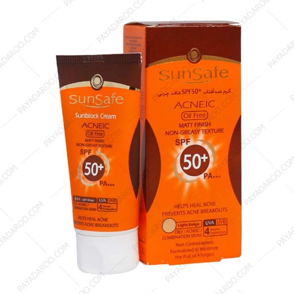 کرم ضد آفتاب SPF50 فاقد چربی رنگی سان سیف بژ روشن - Sunsafe Sunsblock Cream SPF50 Acneic Oil Free Tinted 50 ml Light Beige