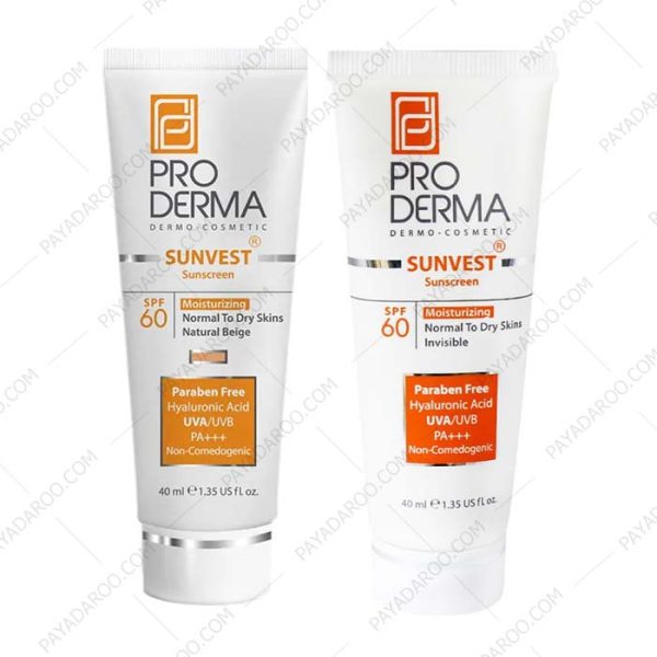 کرم ضد آفتاب و مرطوب کننده پرودرما SPF60 مناسب پوست های معمولی و خشک بی رنگ و رنگی - Proderma Sunvest Sunscreen SPF60 Moisturizing Normal To Dry Skins 40 ml