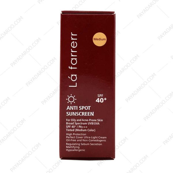 کرم ضد آفتاب و ضد لک SPF40 رنگی لافارر پوست چرب بژ متوسط - La Farrerr Anti Spot Sunscreen Cream for Oily and Acne Prone Skin SPF40 40 ml Medium