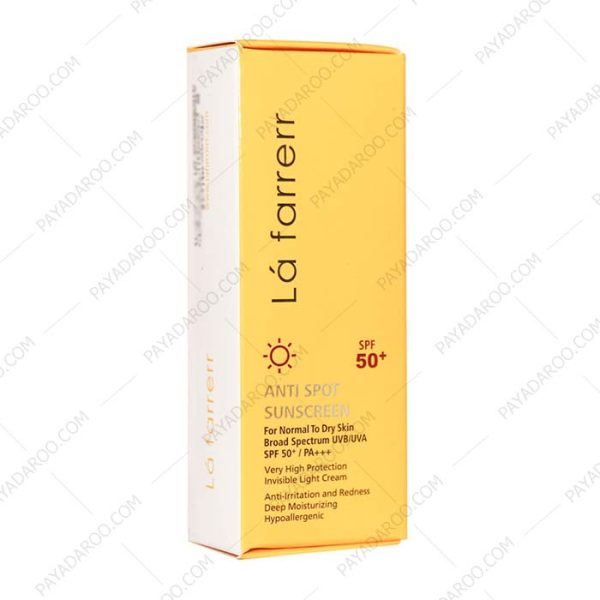 کرم ضد آفتاب و ضد لک SPF50 بی رنگ لافارر پوست خشک و معمولی - La Farrerr Anti Spot Sunscreen Cream for Normal to Dry Skin SPF50 40 ml